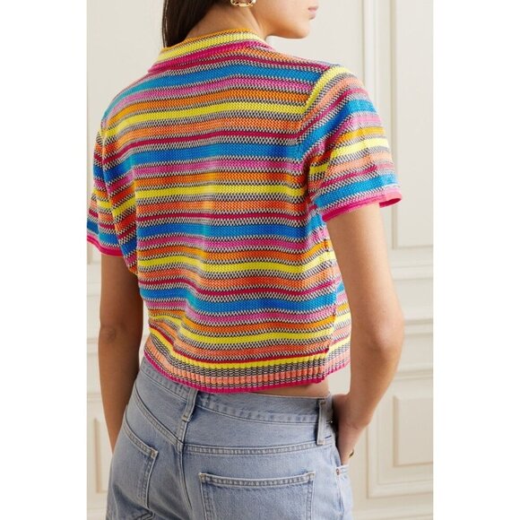 RE/DONE Striped Button-up Polo Collar Cardigan Short Sleeve Cropped Top Medium - Picture 2 of 7